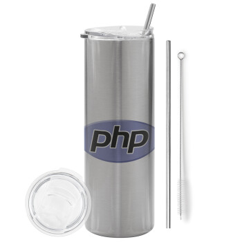 PHP, Tumbler ποτήρι θερμό Ασημένιο από ανοξείδωτο ατσάλι 600ml, με μεταλλικό καλαμάκι & βούρτσα καθαρισμού