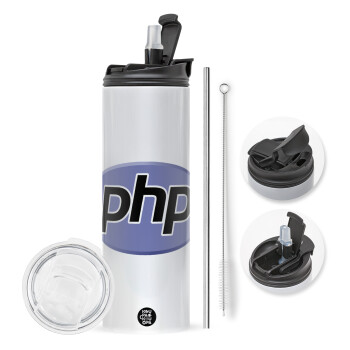 PHP, Travel Tumbler θερμό με διπλό καπάκι, μεταλλικό καλαμάκι και βούρτσα καθαρισμού (Ανωξείδωτο 304 Food grade, BPA free, 600ml)