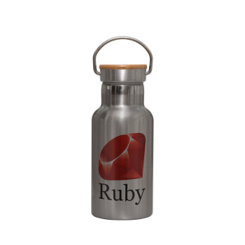 Ruby, Stainless steel metallic thermos flask, silver with a bamboo lid, double-walled, 350ml.