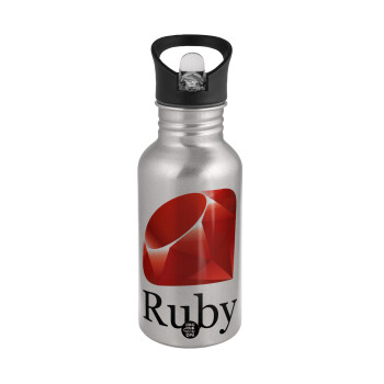 Ruby, Water bottle Silver with straw, stainless steel 500ml