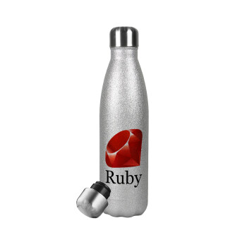 Ruby, Metallic Glitter Silver Thermos Flask (Stainless steel), double-walled, 500ml