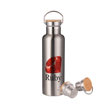 Ruby, Stainless steel Silver with wooden lid (bamboo), double wall, 750ml