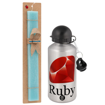 Ruby, Easter Set, metallic silver aluminum water bottle (500ml) & scented flat Easter candle (30cm) (TURQUOISE)