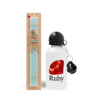 Ruby, Easter Set, metallic aluminum water bottle (500ml) & scented flat candle (30cm) (TURQUOISE)