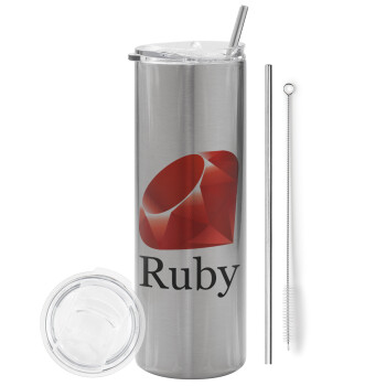 Ruby, Tumbler ποτήρι θερμό Ασημένιο από ανοξείδωτο ατσάλι 600ml, με μεταλλικό καλαμάκι & βούρτσα καθαρισμού