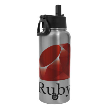 Ruby, Metal mug thermo Silver with Straw and Spout Lid (Stainless steel), double wall, 950ml