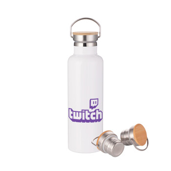 Twitch, Μεταλλικό παγούρι θερμός (Stainless steel) Λευκό με ξύλινο καπακι (bamboo), διπλού τοιχώματος, 750ml