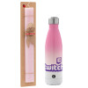 Easter Set, Metallic pink/white (Stainless steel) thermos, double-walled, 500ml & aromatic flat Easter candle (30cm) (PINK)