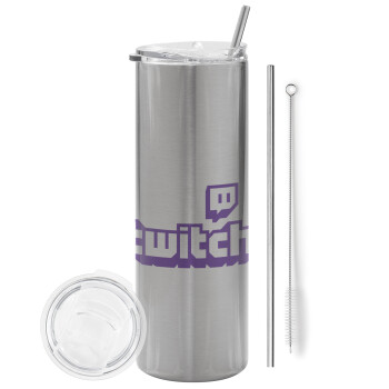 Twitch, Eco friendly ποτήρι θερμό Ασημένιο (tumbler) από ανοξείδωτο ατσάλι 600ml, με μεταλλικό καλαμάκι & βούρτσα καθαρισμού