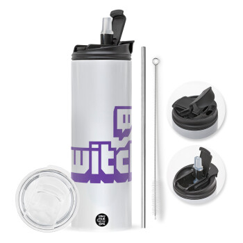 Twitch, Travel Tumbler θερμό με διπλό καπάκι, μεταλλικό καλαμάκι και βούρτσα καθαρισμού (Ανωξείδωτο 304 Food grade, BPA free, 600ml)