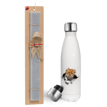 Cat cracked, Easter candle, metallic white thermos bottle (500ml) & aromatic flat candle (30cm) (GRAY)