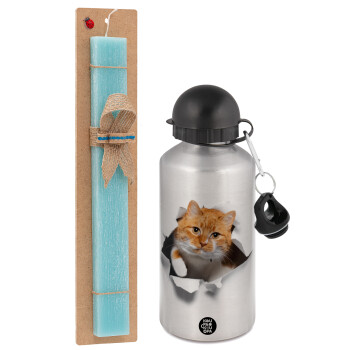 Cat cracked, Easter Set, metallic silver aluminum water bottle (500ml) & scented flat Easter candle (30cm) (TURQUOISE)