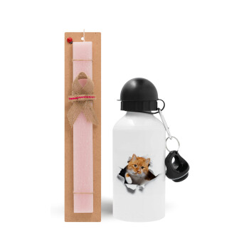 Cat cracked, Easter Set, metallic aluminum bottle (500ml) & aromatic flat Easter candle (30cm) (PINK)