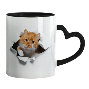 Cat cracked, Mug heart black handle, ceramic, 330ml