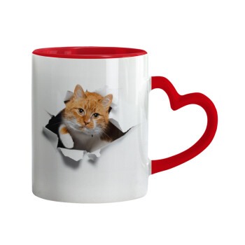 Cat cracked, Mug heart red handle, ceramic, 330ml