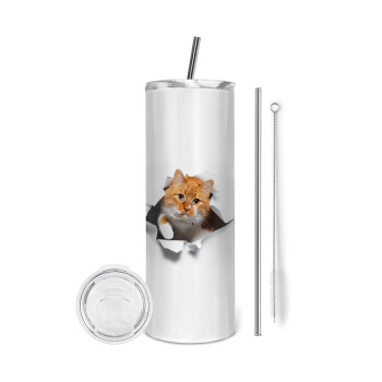 Cat cracked, Eco friendly stainless steel tumbler 600ml, with metal straw & cleaning brush