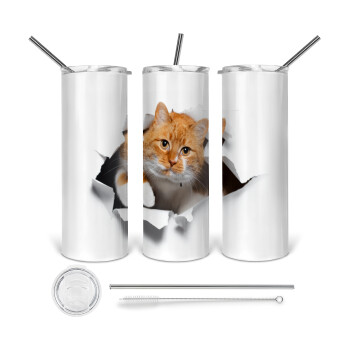 Cat cracked, 360 Eco friendly ποτήρι θερμό (tumbler) από ανοξείδωτο ατσάλι 600ml, με μεταλλικό καλαμάκι & βούρτσα καθαρισμού