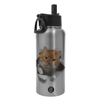 Cat cracked, Metal mug thermo Silver with Straw and Spout Lid (Stainless steel), double wall, 950ml