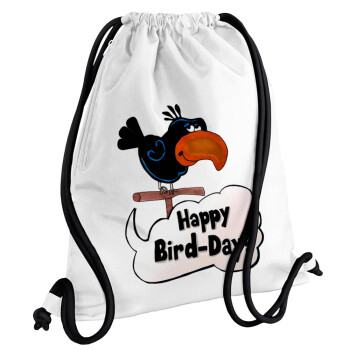 Happy Bird Day, Backpack pouch GYMBAG white, with pocket (40x48cm) & thick cords