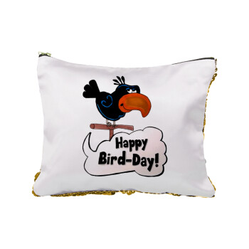 Happy Bird Day, Sequin Gold Pouch Cosmetic Bag