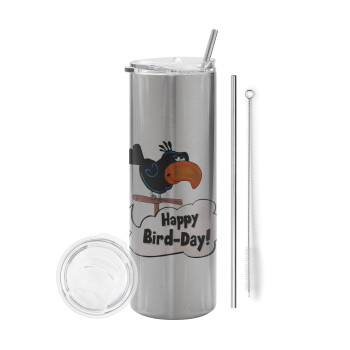 Happy Bird Day, Tumbler stainless steel Silver 600ml, with metal straw & cleaning brush