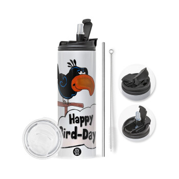 Happy Bird Day, Travel Tumbler θερμό με διπλό καπάκι, μεταλλικό καλαμάκι και βούρτσα καθαρισμού (Ανωξείδωτο 304 Food grade, BPA free, 600ml)