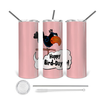 Happy Bird Day, 360 Eco friendly ποτήρι θερμό (tumbler) από ανοξείδωτο ατσάλι 600ml, με μεταλλικό καλαμάκι & βούρτσα καθαρισμού