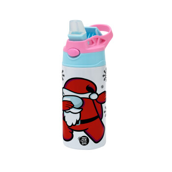 Among US Xmas, Children's hot water bottle, stainless steel, with safety straw, Pink/BlueCiel (360ml) BPA FREE