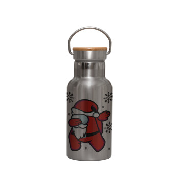 Among US Xmas, Stainless steel metallic thermos flask, silver with a bamboo lid, double-walled, 350ml.