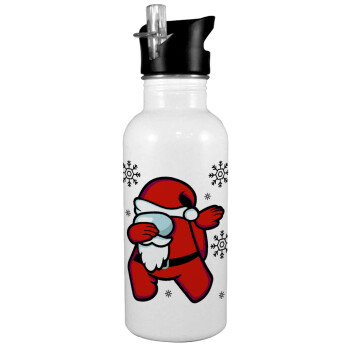 Among US Xmas, White water bottle with straw, stainless steel 600ml