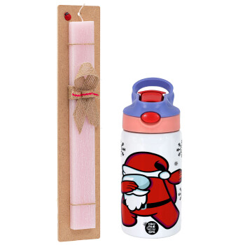 Among US Xmas, Easter Set, Children's thermal stainless steel water bottle with safety straw, pink/purple (350ml) & Easter scented flat candle (30cm) (PINK)