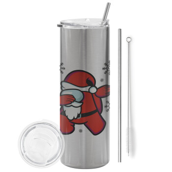 Among US Xmas, Eco friendly stainless steel Silver tumbler 600ml, with metal straw & cleaning brush
