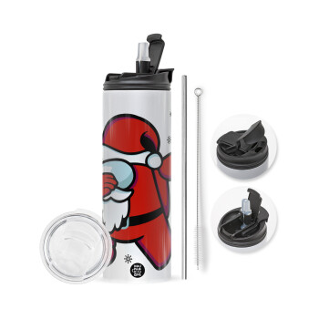 Among US Xmas, Travel Tumbler 2 Lids, with metal straw & cleaning brush (Stainless steel 304 Food grade, BPA free, 600ml)