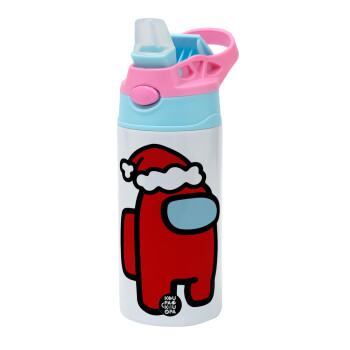 Among US Santa, Children's hot water bottle, stainless steel, with safety straw, Pink/BlueCiel (360ml) BPA FREE