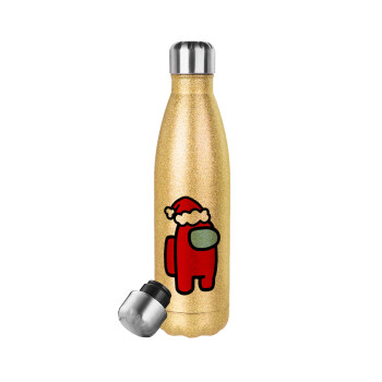 Among US Santa, Glitter gold stainless steel thermos bottle, double-walled, 500ml