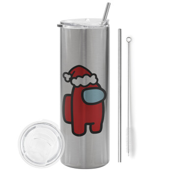 Among US Santa, Eco friendly ποτήρι θερμό Ασημένιο (tumbler) από ανοξείδωτο ατσάλι 600ml, με μεταλλικό καλαμάκι & βούρτσα καθαρισμού