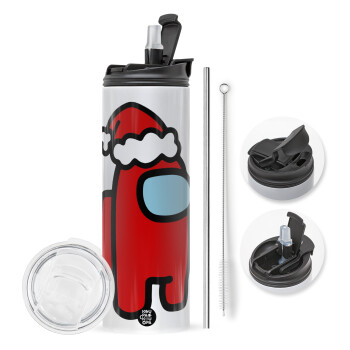 Among US Santa, Travel Tumbler 2 Lids, with metal straw & cleaning brush (Stainless steel 304 Food grade, BPA free, 600ml)