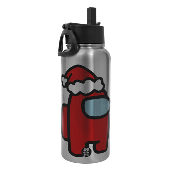 Among US Santa, Metal mug thermo Silver with Straw and Spout Lid (Stainless steel), double wall, 950ml