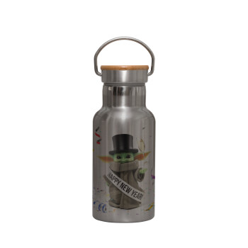 Yoda happy new year, Stainless steel metallic thermos flask, silver with a bamboo lid, double-walled, 350ml.