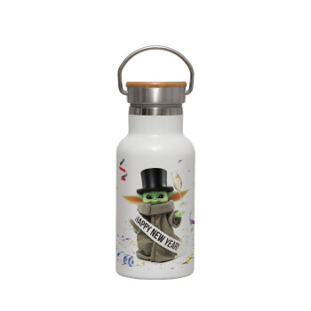 Yoda happy new year, Metallic thermos (Stainless steel) White with wooden lid (bamboo), double-walled, 350ml