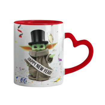 Yoda happy new year, Mug heart red handle, ceramic, 330ml