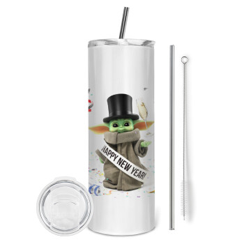 Yoda happy new year, Eco friendly ποτήρι θερμό (tumbler) από ανοξείδωτο ατσάλι 600ml, με μεταλλικό καλαμάκι & βούρτσα καθαρισμού