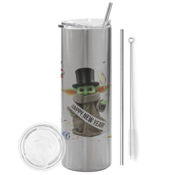 Yoda happy new year, Eco friendly stainless steel Silver tumbler 600ml, with metal straw & cleaning brush