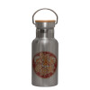 Stainless steel metallic thermos flask, silver with a bamboo lid, double-walled, 350ml.