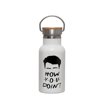 Friends how you doin?, Metallic thermos (Stainless steel) White with wooden lid (bamboo), double-walled, 350ml