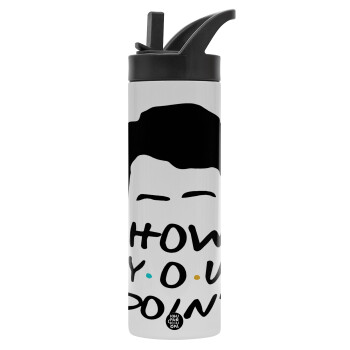 Friends how you doin?, Metallic thermos bottle with straw & handle, stainless steel (Stainless steel 304), double-walled, 600ml.