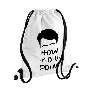 Friends how you doin?, Τσάντα πλάτης πουγκί GYMBAG λευκή, με τσέπη (40x48cm) & χονδρά κορδόνια