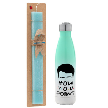 Friends how you doin?, Easter Set, Metallic green/white thermos (Stainless steel), double-walled, 500ml & scented flat Easter candle (30cm) (TURQUOISE)