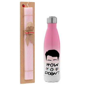 Friends how you doin?, Easter Set, Metallic pink/white (Stainless steel) thermos, double-walled, 500ml & aromatic flat Easter candle (30cm) (PINK)