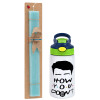 Easter Set, Children's thermal stainless steel bottle with safety straw, green/blue (350ml) & aromatic flat Easter candle (30cm) (TURQUOISE)